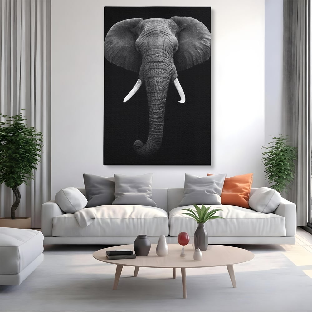 Tablou canvas cu tablou canvas cu cap de elefant, fara rama, pe sasiu de lemn, pe perete intr-un living